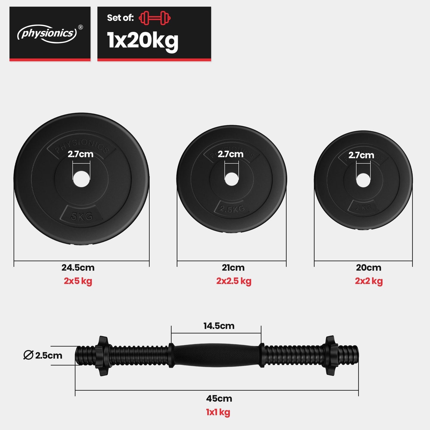 Physionics Dumbell 20 kg Kunststof - 25 mm
