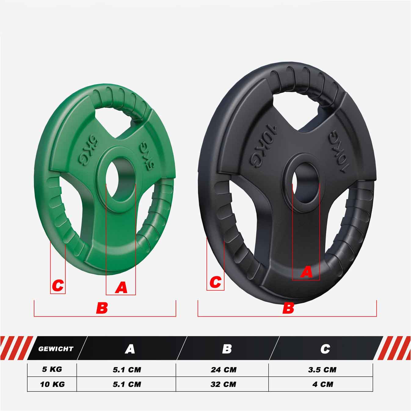 Jeu de disques de poids olympiques 2 x 5 + 2 x 10 kg Gripper Fonte Revêtement caoutchouc - 50/51 mm