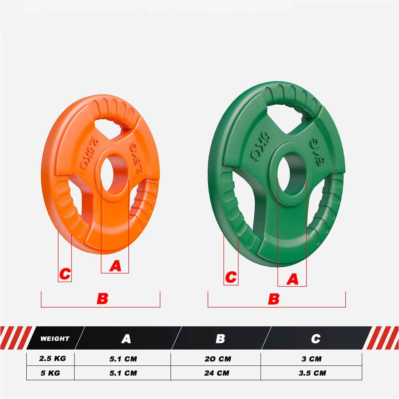 Lot de disques de poids olympiques 4 x 2,5 + 4 x 5 kg Gripper Fonte Revêtement caoutchouc - 50 mm