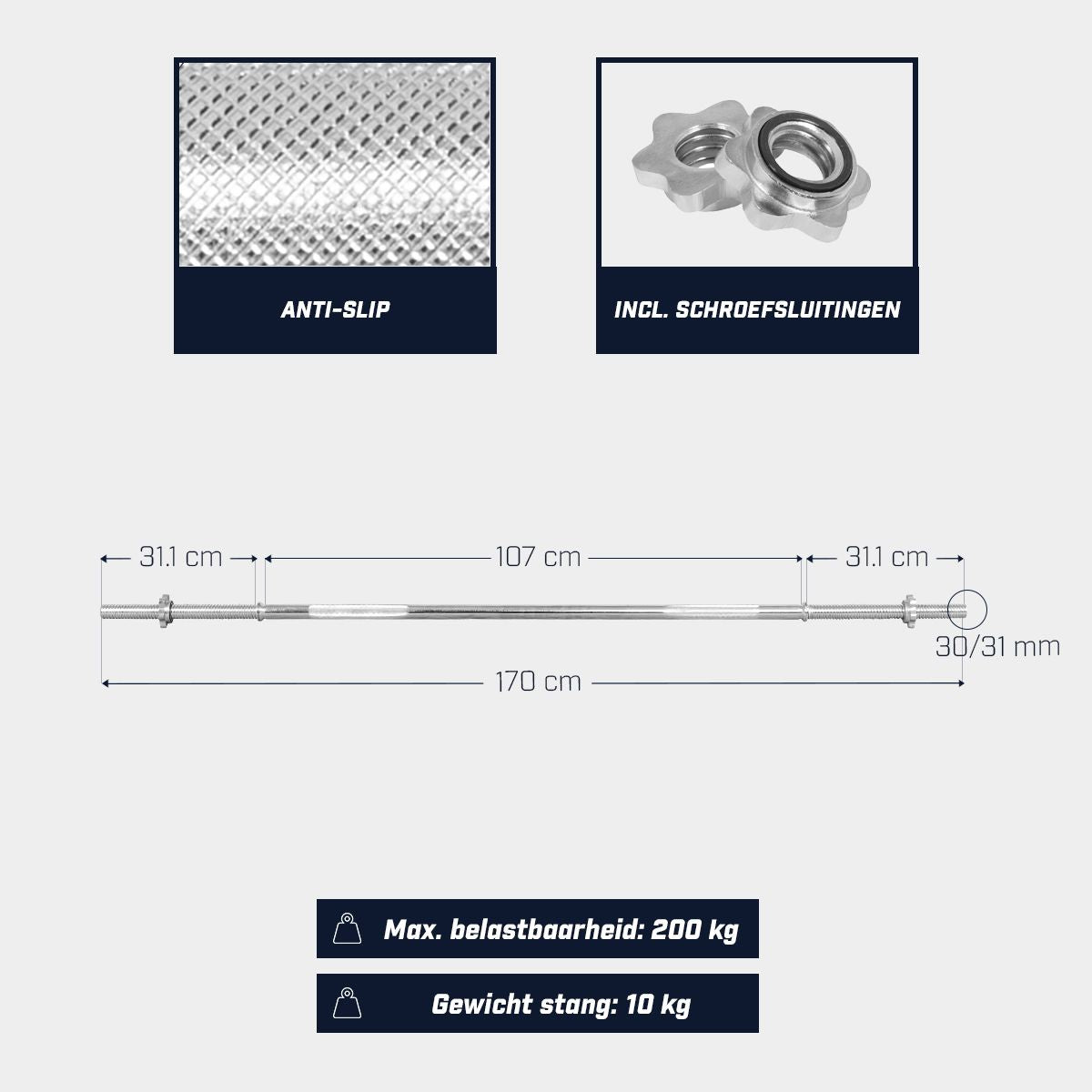 TWEEDE KANS Lange Halterstang 170 cm (schroefsluiting) Gorilla Sports