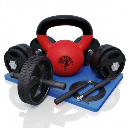 Dumbellset, kettlebell, ab wheel en springtouw
