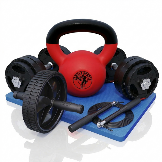 Dumbellset, kettlebell, ab wheel en springtouw
