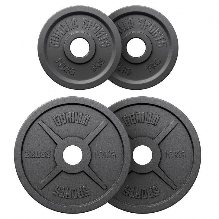 Voordeelbundel 30 kg (2 x 5 + 2 x 10 kg) Olympische Halterschijven Gietijzer Zwart - 50/51 MM Gorilla Sports