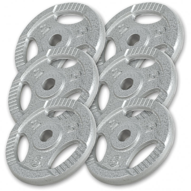 Voordeelbundel 30 kg - 6 x 5 kg - Gripper Gietijzer Zilver - 30/31 mm Gorilla Sports