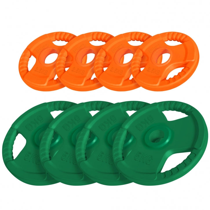 Voordeelbundel Olympische halterschijven 4 x 2,5 + 4 x 5 kg Gripper Gietijzer Rubber Coating - 50 mm Gorilla Sports