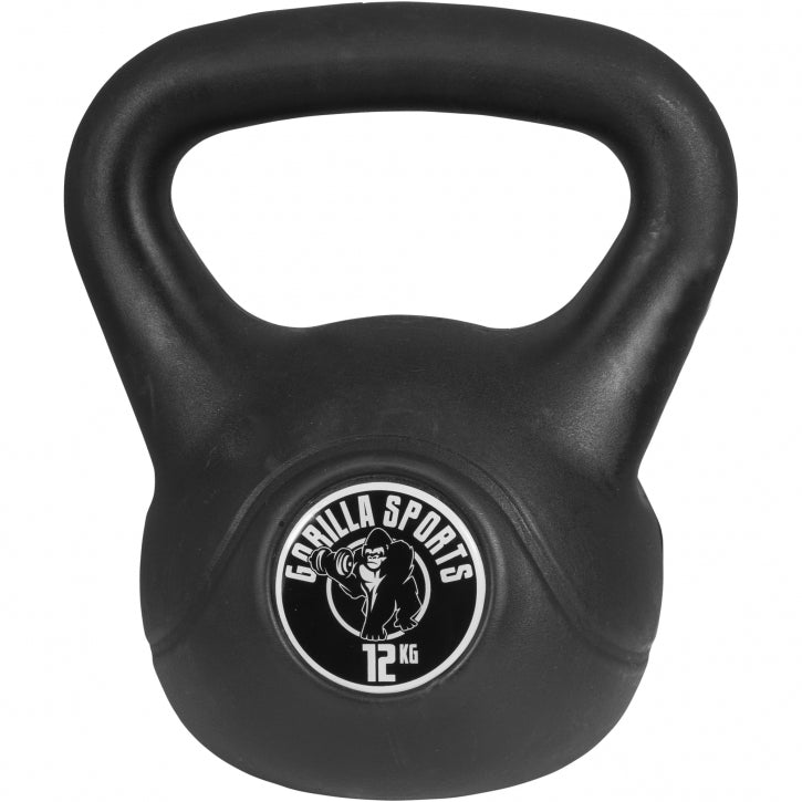 Voordeelset Kettlebells 12 en 16 kg zwart kunststof Gorilla Sports