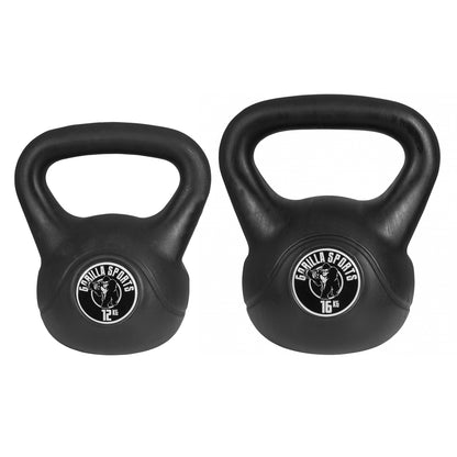 Voordeelset Kettlebells 12 en 16 kg zwart kunststof Gorilla Sports