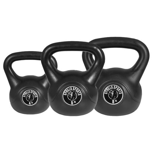 Voordeelset Kettlebells 4, 6 en 8 kg zwart kunststof Gorilla Sports