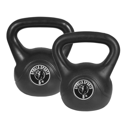 Voordeelset Kettlebells 6 en 8 kg zwart kunststof Gorilla Sports