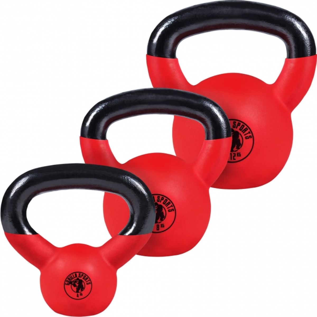 Voordeelset Kettlebells 4, 8 en 12 kg Rubber Coating Gorilla Sports