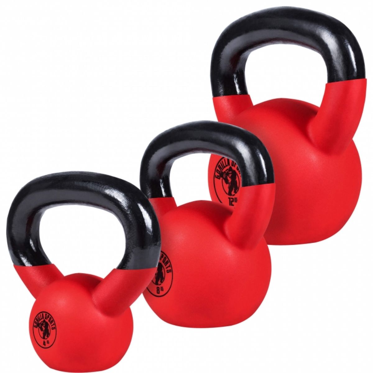 Voordeelset Kettlebells 4, 8 en 12 kg Rubber Coating Gorilla Sports