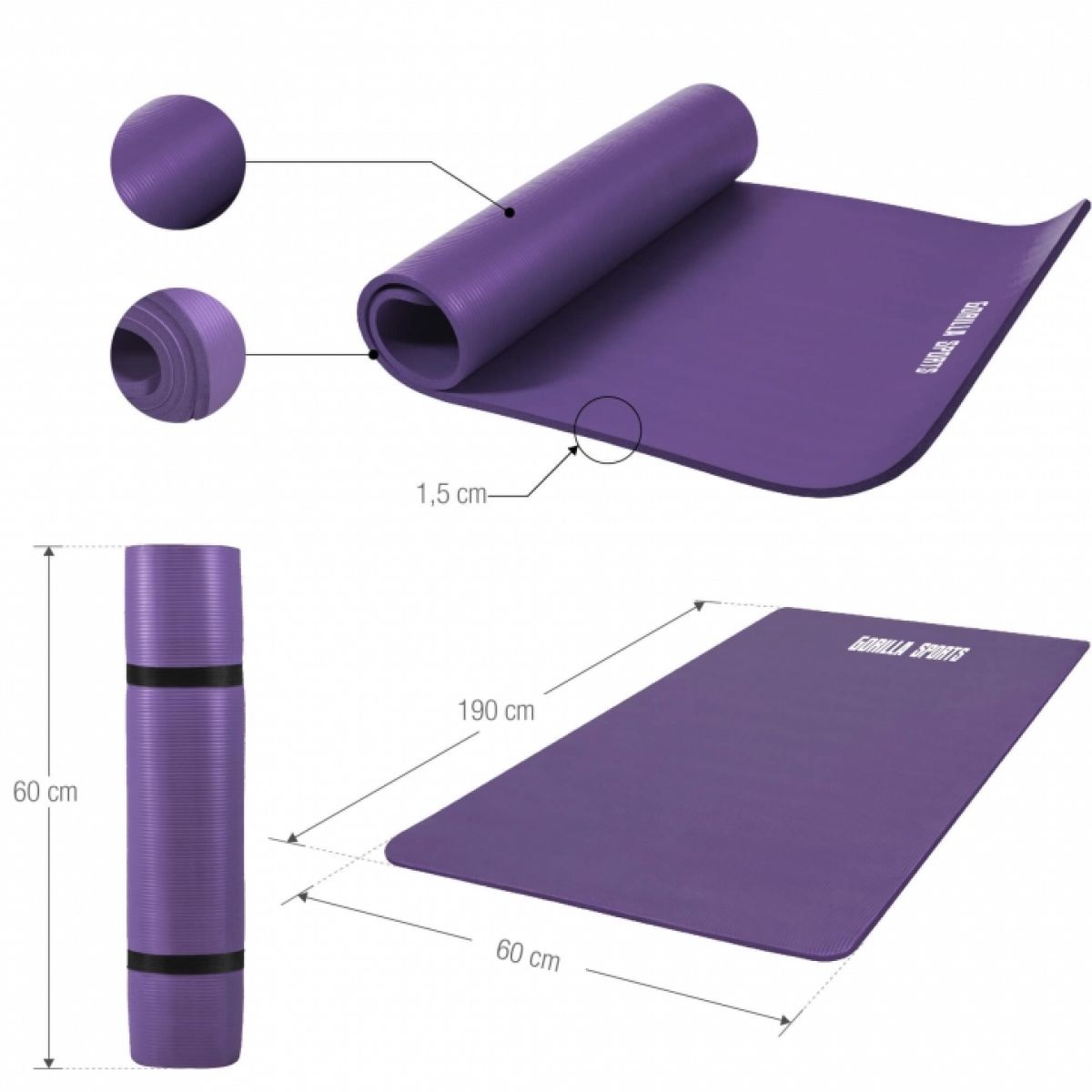 Gorilla Sports Yogamat Deluxe 190 x 60 x 1,5 cm Paars