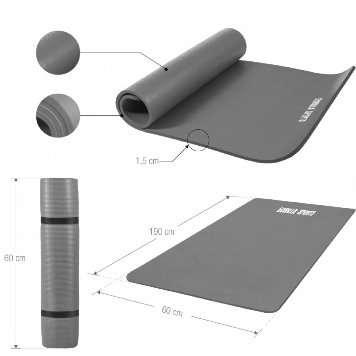 Grijs - Yogamat Deluxe 190 x 60 x 1,5 cm