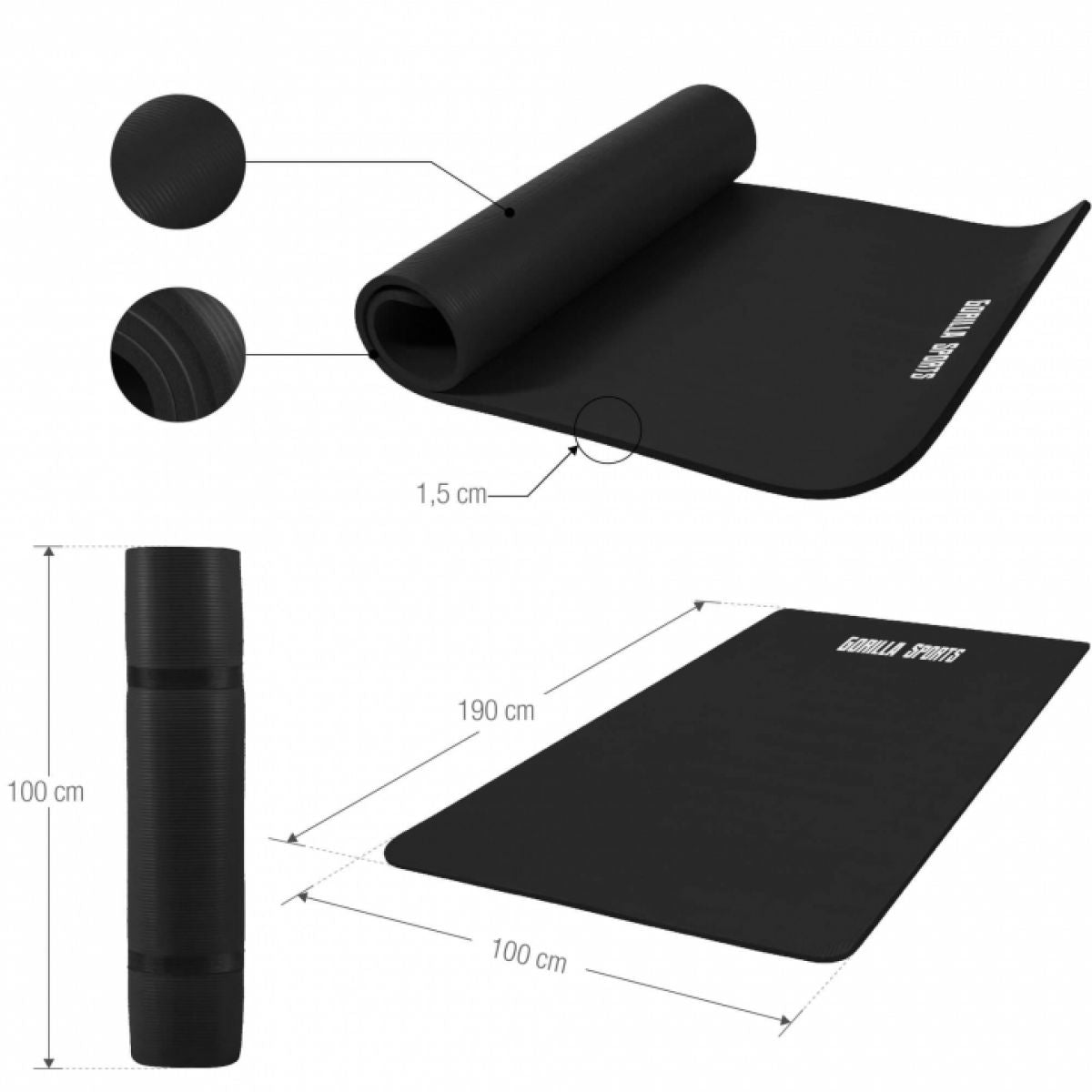 Zwart - Yogamat Deluxe 190 x 100 x 1,5 cm